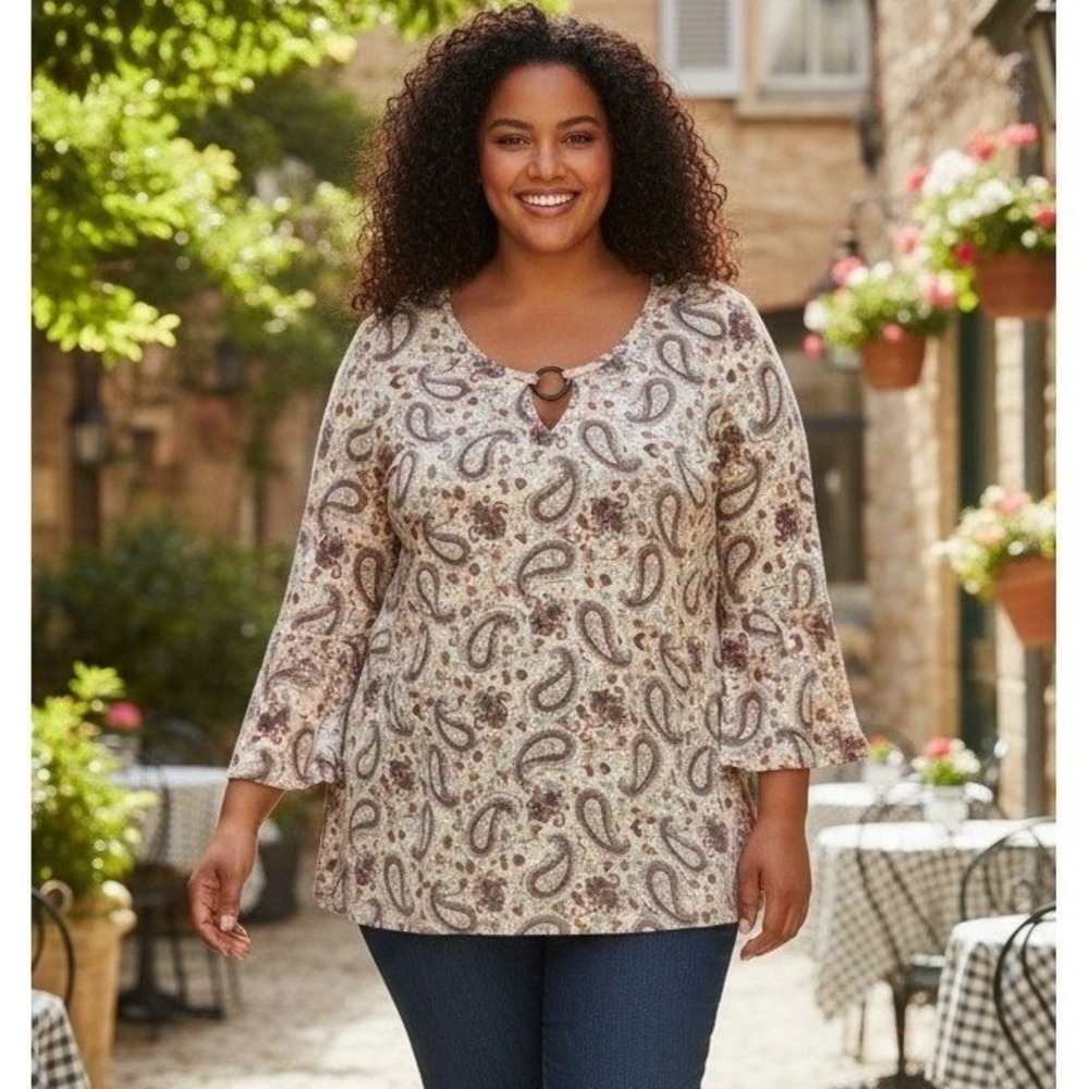 Double Take Paisley Print Bell Sleeve Top 3X Boho Peasant Cottage Vacation USA